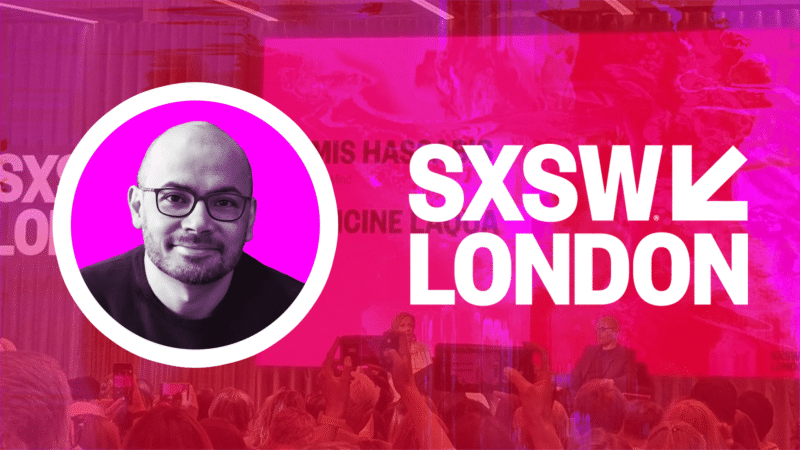 Demis Hassebis op het podium bij SXSW London 2025