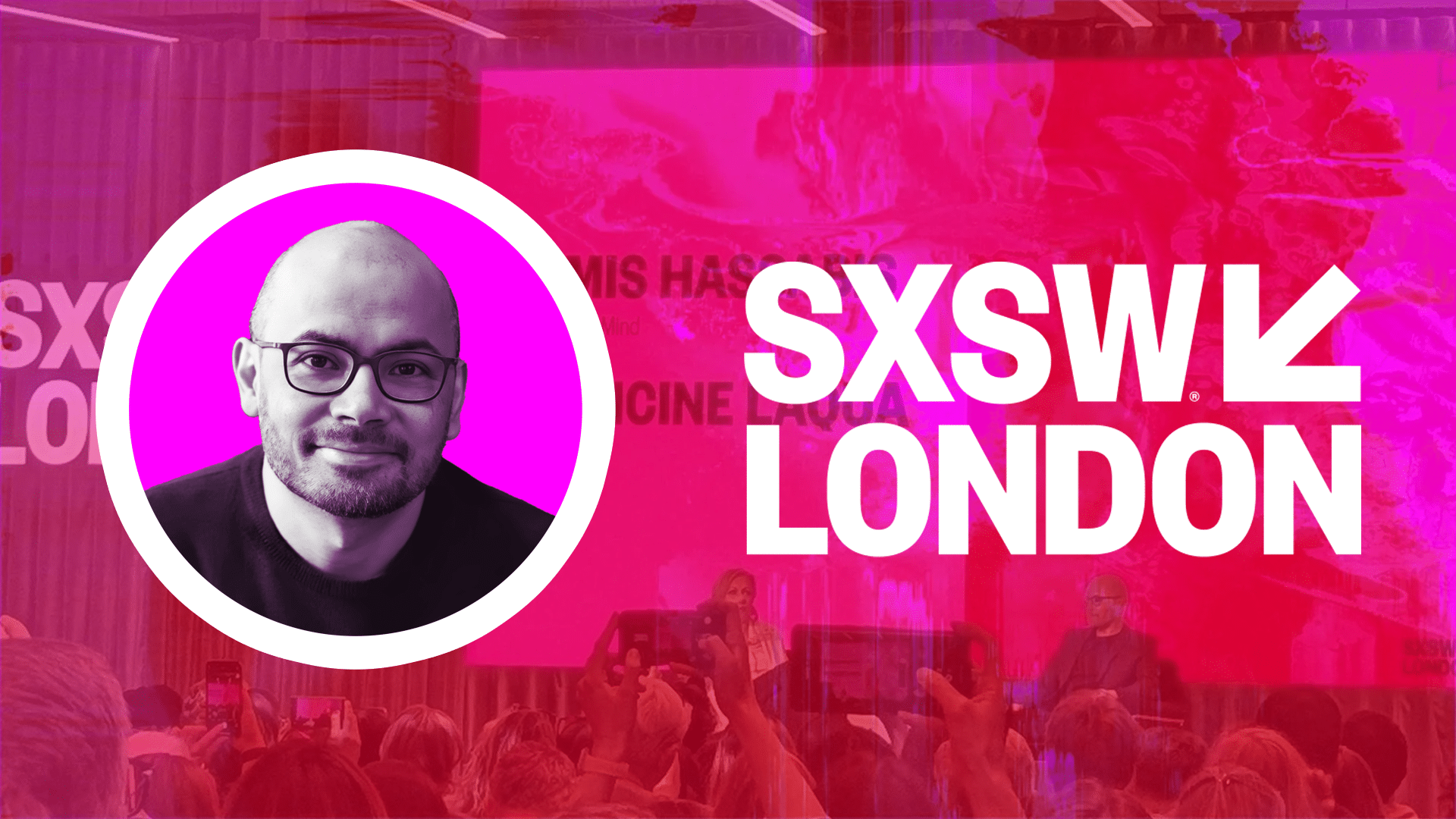 Demis Hassebis op het podium bij SXSW London 2025