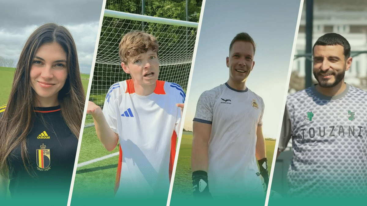 Collage van voetbalinfluencers (Celine Dept, Joris Sebregts, Koen Geven, Touzani)