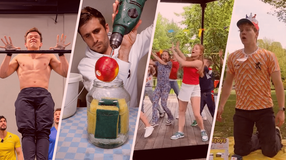 Collage meest bekeken YouTube-kanalen in Nederland. Van links naar rechts: Browney, Scott's Reality, POPZ, en Quinn en Aaron